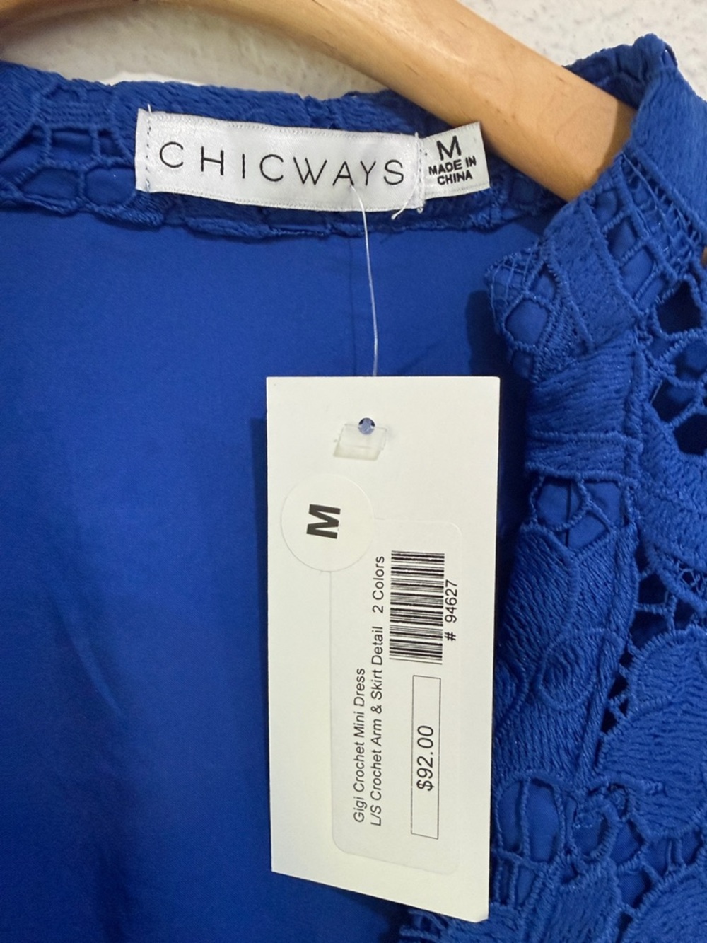Chicways Cobalt Blue Crochet Flared Sleeve Mini Dress Sz M Beach Resortwear Boho - Picture 2 of 7